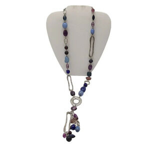 Coldwater Creek Hammered Multicolor Stones Y Drop Necklace Silver Tone Vintage